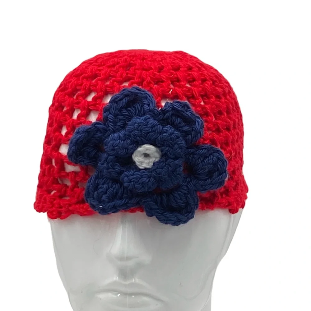 Girl's Hand-Crocheted Red and Navy Flower Beanie